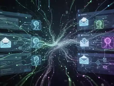 Digital interface showing interconnected AI agent icons, email symbols, and workflow automation diagrams, representing advanced AI integration. - Foto: über boerse-global.de
