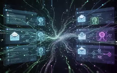Digital interface showing interconnected AI agent icons, email symbols, and workflow automation diagrams, representing advanced AI integration. - Foto: über boerse-global.de