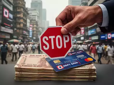 Eine Hand platziert ein rotes 'STOP'-Schild auf einem Stapel indischer Rupien und einer HDFC Bank Debitkarte. - Foto: über boerse-global.de