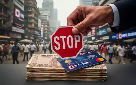 Eine Hand platziert ein rotes 'STOP'-Schild auf einem Stapel indischer Rupien und einer HDFC Bank Debitkarte. - Foto: über boerse-global.de