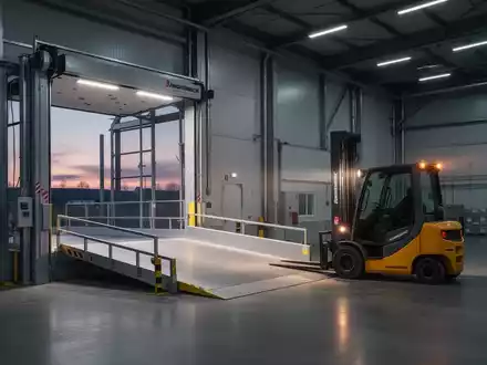 Eine moderne Industriehalle mit einer hydraulischen Laderampe und einem Jungheinrich-Gabelstapler bei Dämmerung. - Foto: über boerse-global.de