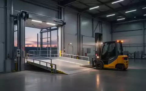 Eine moderne Industriehalle mit einer hydraulischen Laderampe und einem Jungheinrich-Gabelstapler bei Dämmerung. - Foto: über boerse-global.de