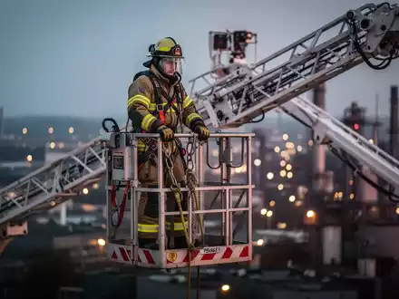 Feuerwehrmann in Schutzausrüstung, gesichert in einem Rettungskorb einer Hubrettungsbühne, mit Fokus auf Absturzsicherung. - Foto: über boerse-global.de