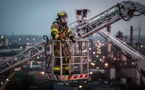 Feuerwehrmann in Schutzausrüstung, gesichert in einem Rettungskorb einer Hubrettungsbühne, mit Fokus auf Absturzsicherung. - Foto: über boerse-global.de