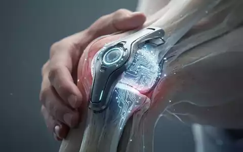 Nahaufnahme eines futuristischen medizinischen Implantats, das subtil in ein menschliches Gelenk integriert ist, mit Fokus auf Präzision und Technologie. - Foto: über boerse-global.de