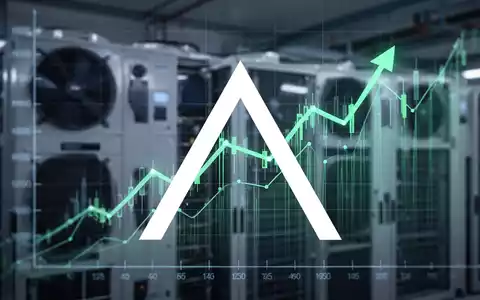 Ein stilisierter, aufsteigender Börsenchart über einer verschwommenen Darstellung von modernen HLK-Systemen. - Foto: über boerse-global.de