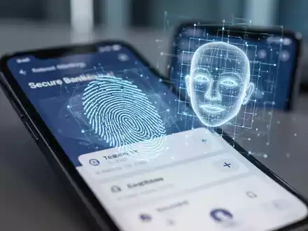 Ein Smartphone-Bildschirm zeigt eine Banking-App mit überlagertem Fingerabdruck und Gesichtserkennungsgitter, das Sicherheit suggeriert. - Foto: über boerse-global.de