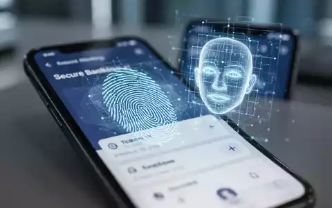 Ein Smartphone-Bildschirm zeigt eine Banking-App mit überlagertem Fingerabdruck und Gesichtserkennungsgitter, das Sicherheit suggeriert. - Foto: über boerse-global.de