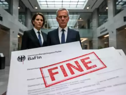 Ein offizielles Dokument mit einem roten 'FINE'-Stempel im Vordergrund, eine unscharfe Person in einer Banklobby im Hintergrund. - Foto: über boerse-global.de