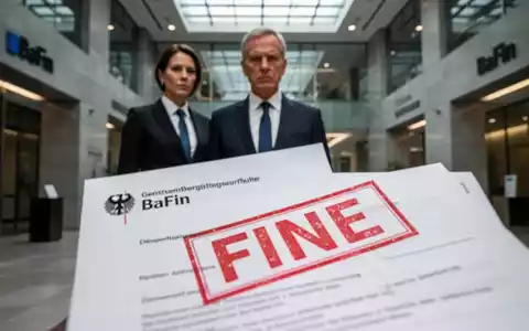 Ein offizielles Dokument mit einem roten 'FINE'-Stempel im Vordergrund, eine unscharfe Person in einer Banklobby im Hintergrund. - Foto: über boerse-global.de