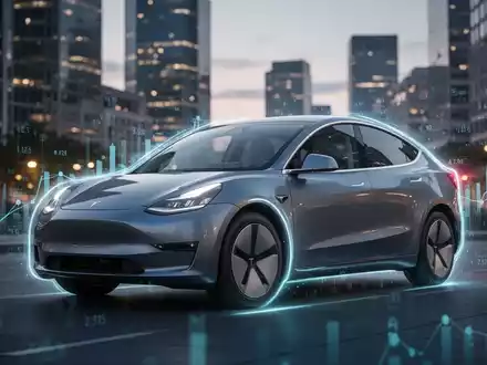 Ein stilisiertes Elektroauto mit einem leuchtenden Rand vor dem Hintergrund einer verschwommenen urbanen Finanzlandschaft bei Sonnenuntergang. - Foto: über boerse-global.de