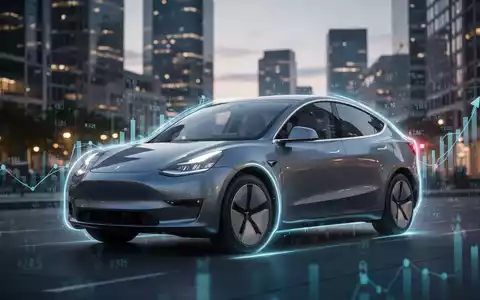 Ein stilisiertes Elektroauto mit einem leuchtenden Rand vor dem Hintergrund einer verschwommenen urbanen Finanzlandschaft bei Sonnenuntergang. - Foto: über boerse-global.de