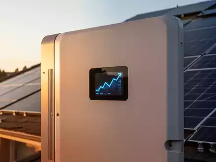 Nahaufnahme eines Solar-Wechselrichters mit digitaler Anzeige, die einen Aufwärtstrend zeigt, im Sonnenlicht auf einem Dach mit Solarmodulen. - Foto: über boerse-global.de