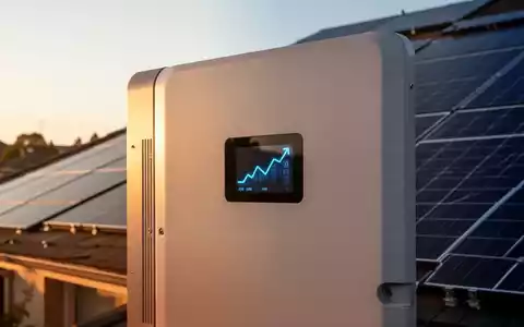 Nahaufnahme eines Solar-Wechselrichters mit digitaler Anzeige, die einen Aufwärtstrend zeigt, im Sonnenlicht auf einem Dach mit Solarmodulen. - Foto: über boerse-global.de