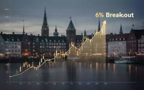 Ein stilisierter, aufwärts gerichteter Börsenchart mit einem deutlichen Höhepunkt, der einen 6%igen Ausbruch darstellt, vor der verschwommenen Kulisse der Kopenhagener Skyline bei Dämmerung. - Foto: über boerse-global.de