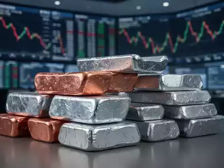 Nahaufnahme von gestapelten Industriemetallbarren vor einem unscharfen Hintergrund eines Finanzhandelsraums mit fallenden Kursen. - Foto: über boerse-global.de