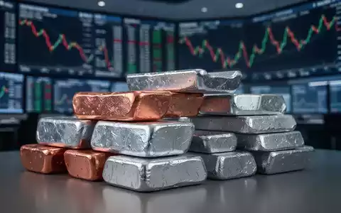Nahaufnahme von gestapelten Industriemetallbarren vor einem unscharfen Hintergrund eines Finanzhandelsraums mit fallenden Kursen. - Foto: über boerse-global.de