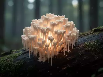 Nahaufnahme eines Löwenmähne-Pilzes mit feinen, herabhängenden Stacheln, der auf einem dunklen, moosigen Baumstamm im Wald wächst. - Foto: über boerse-global.de