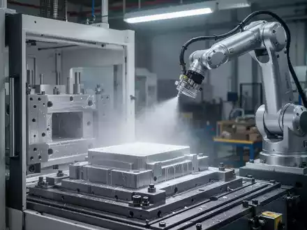 Roboterarm sprüht Trennmittel auf eine Form in einer hochmodernen Fertigungsanlage, die Effizienz und Präzision symbolisiert. - Foto: über boerse-global.de