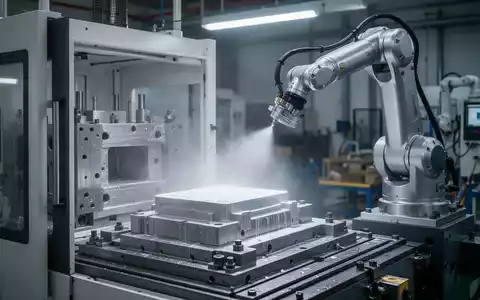Roboterarm sprüht Trennmittel auf eine Form in einer hochmodernen Fertigungsanlage, die Effizienz und Präzision symbolisiert. - Foto: über boerse-global.de