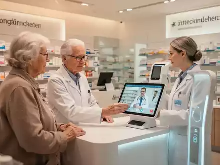A modern German pharmacy where a pharmacist helps an elderly patient with a telemedicine consultation on a tablet. - Foto: über boerse-global.de