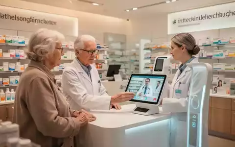 A modern German pharmacy where a pharmacist helps an elderly patient with a telemedicine consultation on a tablet. - Foto: über boerse-global.de