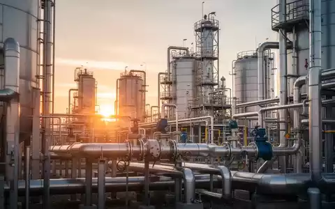 Eine moderne Industriegasanlage mit komplexen Rohrleitungen und Speichertanks bei Sonnenaufgang, die auf Wachstum und Gewinn hindeutet. - Foto: über boerse-global.de