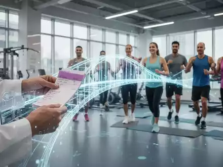 Eine stilisierte digitale Brücke verbindet die Hand eines Arztes mit einer Gruppe von Menschen, die Sport treiben, und symbolisiert Gesundheit und Technologie. - Foto: über boerse-global.de
