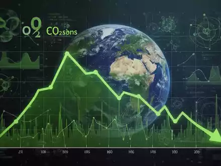Ein stilisiertes Diagramm zeigt einen Abwärtstrend der CO2-Emissionen vor dem Hintergrund einer Weltkugel und wissenschaftlicher Daten. - Foto: über boerse-global.de