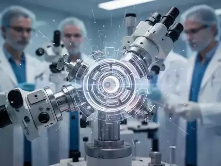 Nahaufnahme eines komplexen wissenschaftlichen Instruments oder einer medizinischen Gerätekomponente, mit unscharfen Figuren in Laborkitteln im Hintergrund. - Foto: über boerse-global.de