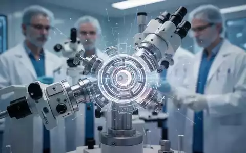 Nahaufnahme eines komplexen wissenschaftlichen Instruments oder einer medizinischen Gerätekomponente, mit unscharfen Figuren in Laborkitteln im Hintergrund. - Foto: über boerse-global.de