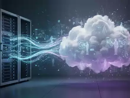 Abstrakte Darstellung von Daten, die von einem physischen Server in eine leuchtende, wolkenbasierte Struktur strömen, mit digitalen Silhouetten. - Foto: über boerse-global.de