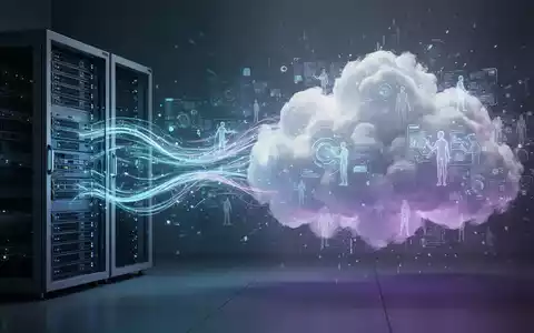 Abstrakte Darstellung von Daten, die von einem physischen Server in eine leuchtende, wolkenbasierte Struktur strömen, mit digitalen Silhouetten. - Foto: über boerse-global.de