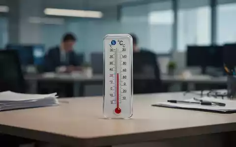 Thermometer auf einem Bürotisch zeigt 30 Grad Celsius, mit einem unscharfen Büro im Hintergrund, das Hitze am Arbeitsplatz darstellt. - Foto: über boerse-global.de