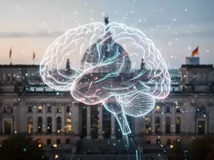 Eine stilisierte, leuchtende KI-Hirnstruktur über einer unscharfen Berliner Stadtlandschaft mit dem Reichstagsgebäude. - Foto: über boerse-global.de