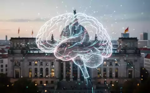 Eine stilisierte, leuchtende KI-Hirnstruktur über einer unscharfen Berliner Stadtlandschaft mit dem Reichstagsgebäude. - Foto: über boerse-global.de