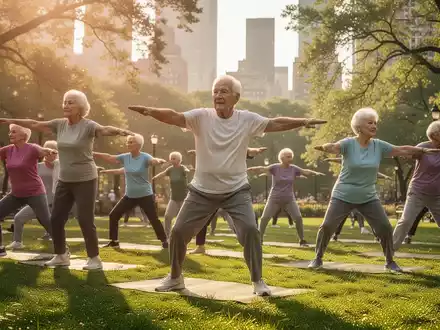Senioren nehmen an einem Ganzkörpertraining im Freien in einem sonnigen Stadtpark teil. - Foto: über boerse-global.de