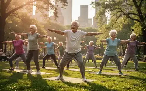 Senioren nehmen an einem Ganzkörpertraining im Freien in einem sonnigen Stadtpark teil. - Foto: über boerse-global.de
