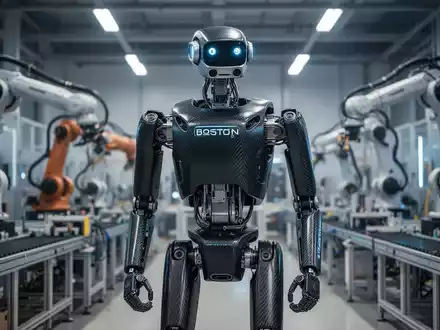 A sophisticated humanoid robot, similar to Boston Dynamics' Atlas, stands in a high-tech manufacturing facility. - Foto: über boerse-global.de