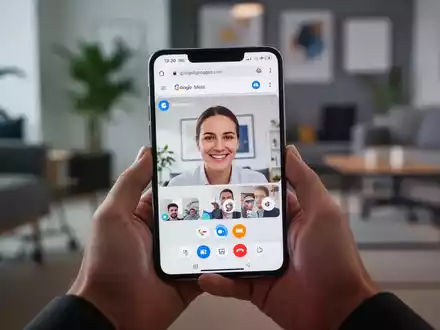 A smartphone displaying a Google Meet video call in a web browser, held by hands, against a blurred background. - Foto: über boerse-global.de