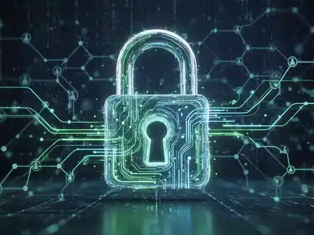 An abstract digital padlock made of glowing lines, overlaid on a subtle blockchain network graphic, representing AI security. - Foto: über boerse-global.de