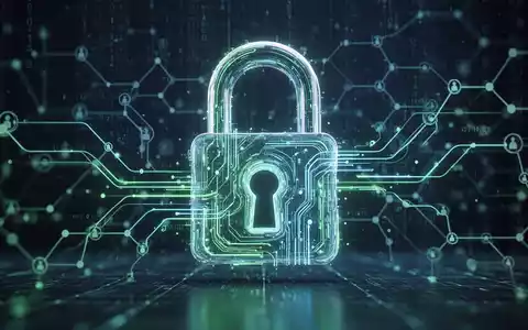An abstract digital padlock made of glowing lines, overlaid on a subtle blockchain network graphic, representing AI security. - Foto: über boerse-global.de