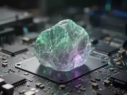 Nahaufnahme eines leuchtenden Seltenerdminerals, umgeben von verschwommenen elektronischen Komponenten, das Technologie und geopolitische Spannungen symbolisiert. - Foto: über boerse-global.de