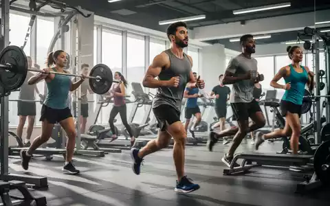 Eine Gruppe von Menschen trainiert in einem modernen Fitnessstudio, wobei einige Gewichte heben und andere auf Laufbändern rennen. - Foto: über boerse-global.de