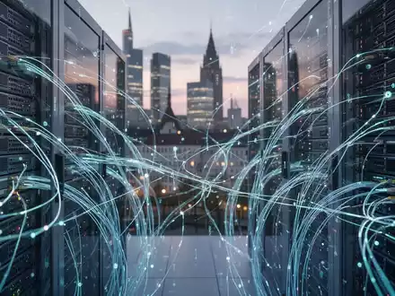 Digital network infrastructure with glowing data streams, server racks, and fiber optic cables against a blurred German city skyline. - Foto: über boerse-global.de