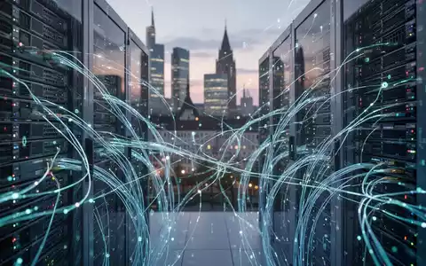 Digital network infrastructure with glowing data streams, server racks, and fiber optic cables against a blurred German city skyline. - Foto: über boerse-global.de
