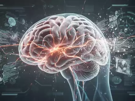A stylized human brain with glowing neural pathways, emitting digital information streams that are both clear and distorted, symbolizing AI's impact on fake news detection and critical thinking. - Foto: über boerse-global.de