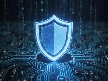 A glowing blue shield icon over a circuit board with binary code, symbolizing digital security and data protection. - Foto: über boerse-global.de