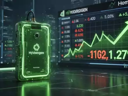 Eine grüne Wasserstoff-Brennstoffzelle neben einem Börsenticker mit starkem Kursanstieg. - Foto: über boerse-global.de