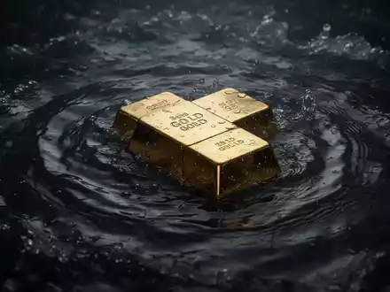 Ein Goldbarren, der teilweise in dunklem, turbulentem Wasser versunken ist, symbolisiert einen starken Wertverlust. - Foto: über boerse-global.de